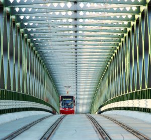 Tram travels over a bridge in Slovak capital Bratislava