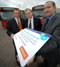 Kevin Crawford of Midland, left, Councillor Jon Hunt and Andy Foster of National Express West Midlands launch the joint ticket for the Number 10 service.