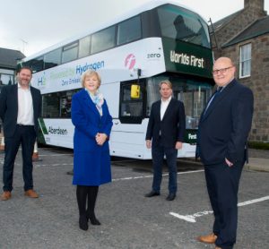07/10/20 L-R Coucillor Douglas Lumsden, Councillor Jenny Laing, Jo Bamford, Wrightbus owner and Executive Chairman,David Phillips, Operations Director for First Aberdeen. The world’s first hydrogen-powered double decker bus was revealed today in Aberdeen which showcases the city as a trailblazer in hydrogen technologies.The arrival of the first bus in the city underlines the city’s role as the energy capital of Europe and shows its commitment to the transition of green energy from oil and gas as part of the Net Zero Vision.The hydrogen double deckers will be spotted around the city for several weeks during a period of final testing along with training for drivers, with the buses expected to be in service next month. The buses are as efficient as electric equivalents, with refuelling taking less than 10 minutes and offering a greater range. Water is the only emission from the vehicles which reduces carbon emissions and the new buses continues to contribute to the city’s commitment to tackling air pollution.