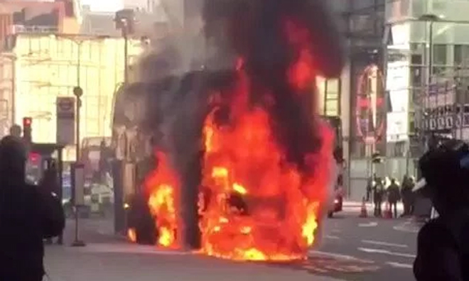 Investigation begins after London double-decker hybrid bus bursts into flames