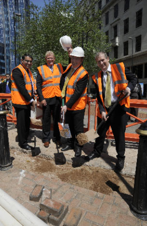 (left to right) Cllr Tahir Ali, Birmingham City Council’s Cabinet Member for Development, Jobs and Skills, Geoff Inskip, Chief Executive of Centro, Transport Minister Norman Baker and Cllr Jon Hunt, Vice Chairman of Centro, start work on the tram link